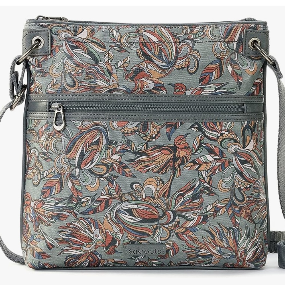Sakroots cross shoulder bag in gray treehouse print